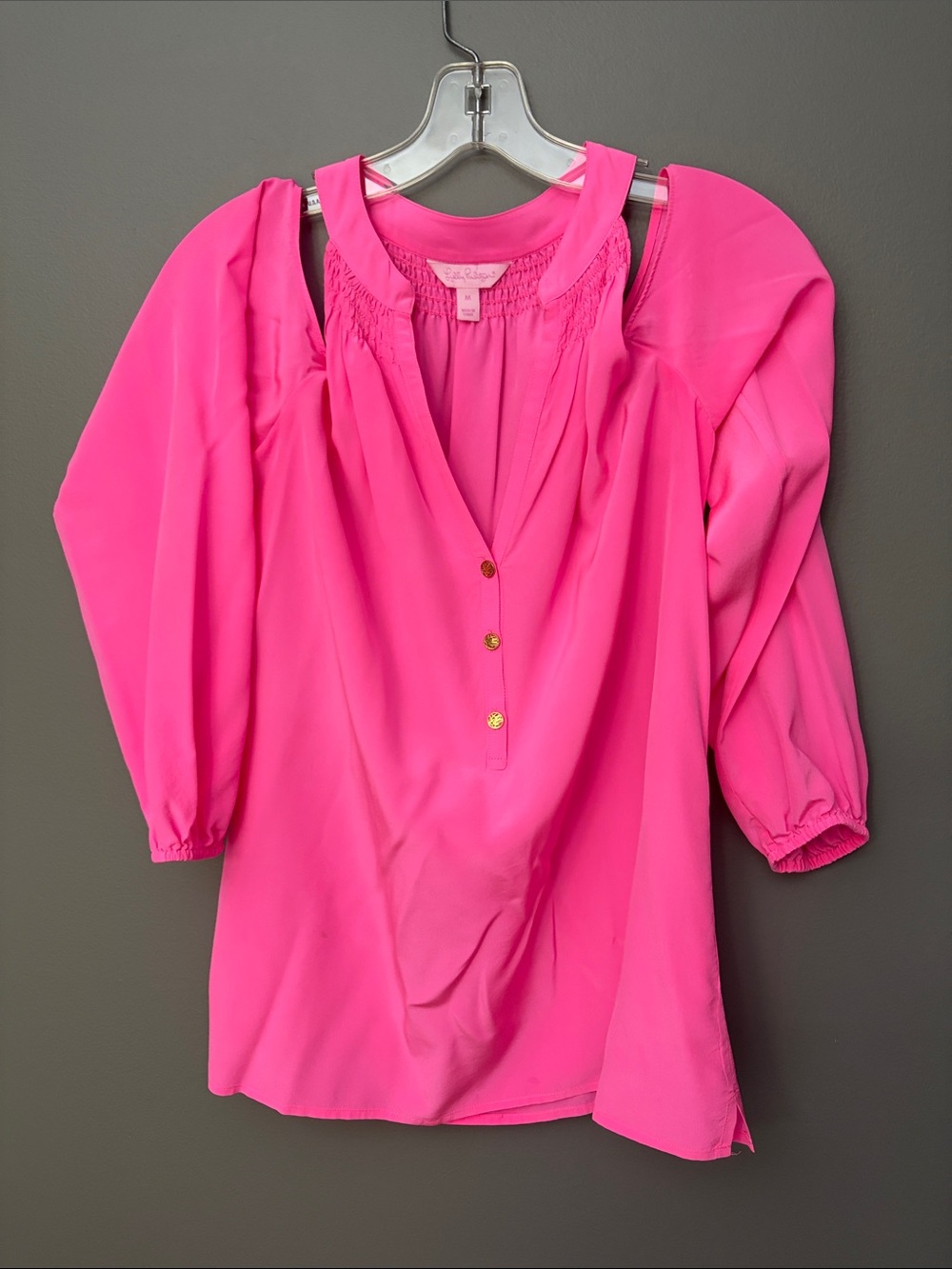 Lilly Pulitzer 100% Silk Hot Pink Cold-Shoulder Blouse with Gold Buttons Size M